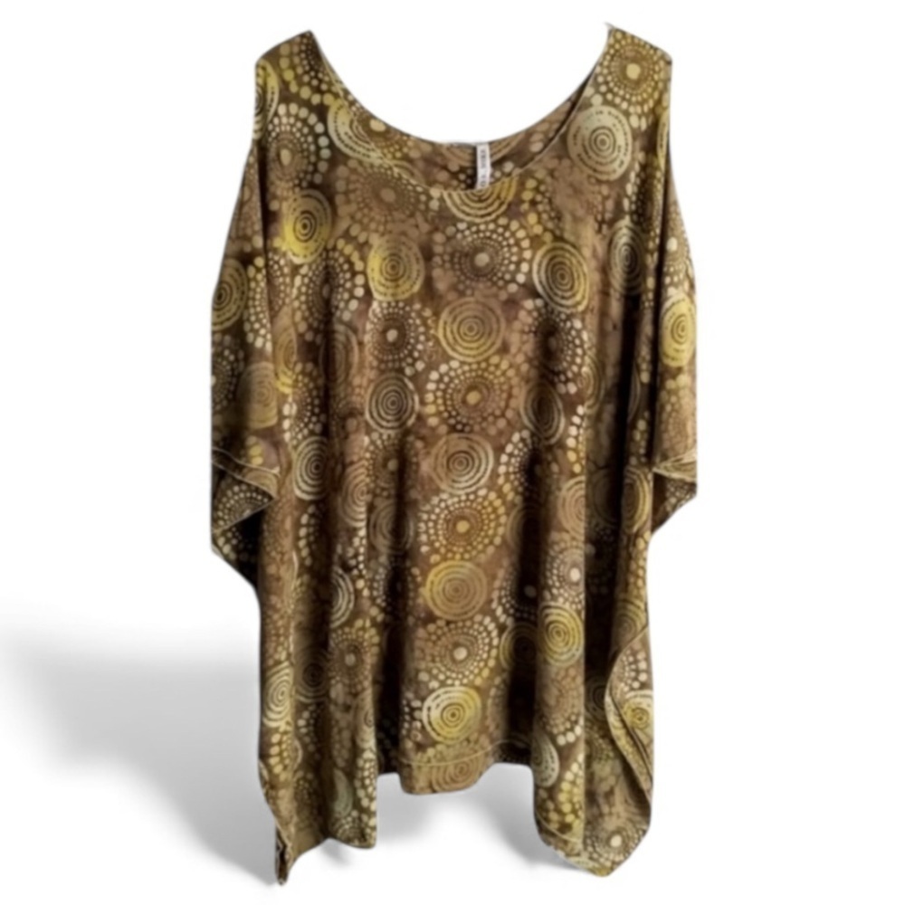 Ethnic Print Tan & Taupe Cold Shoulder Top Sz 2X
